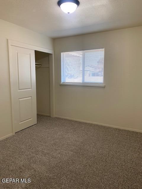 unfurnished bedroom featuring carpet flooring, a textured ceiling, and a closet