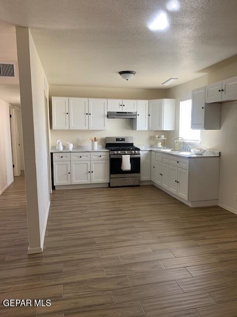 kitchen with sink, dark hardwood / wood-style floors, stainless steel gas range oven, a textured ceiling, and white cabinets