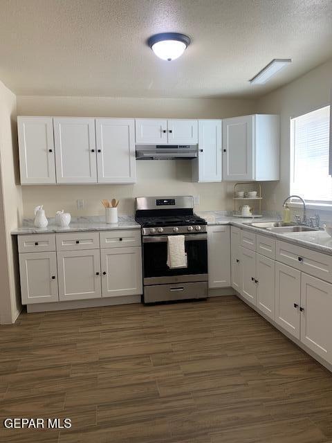 kitchen with white cabinetry, stainless steel range with gas stovetop, and sink