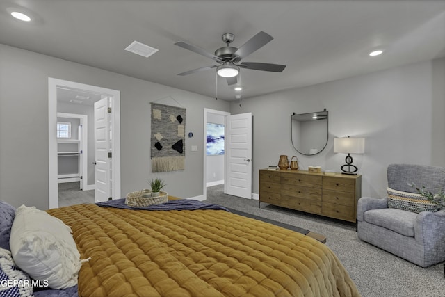 bedroom with ceiling fan and carpet floors