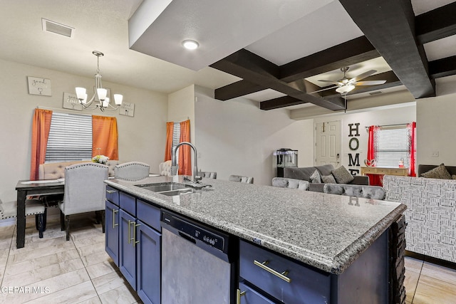 kitchen with sink, blue cabinetry, a kitchen island with sink, decorative light fixtures, and stainless steel dishwasher