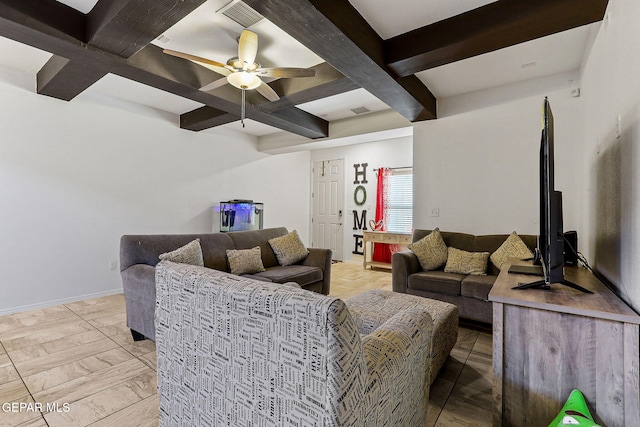 living room featuring coffered ceiling, ceiling fan, and beamed ceiling