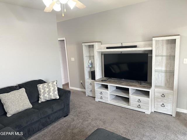 living room featuring ceiling fan and carpet flooring