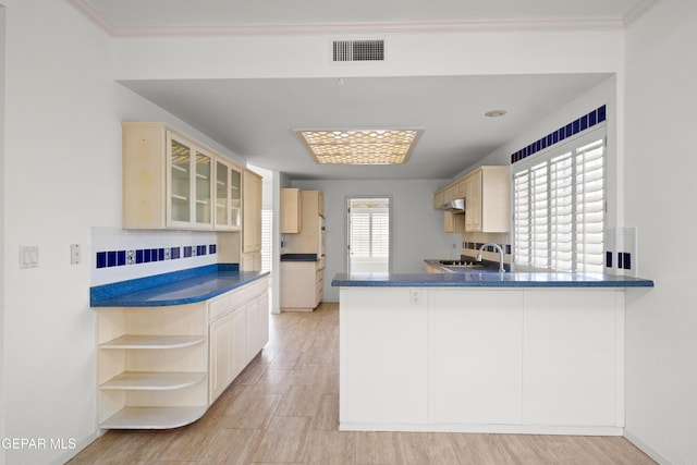 kitchen with sink, crown molding, light brown cabinetry, kitchen peninsula, and light wood-type flooring