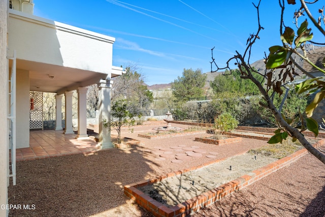 view of yard featuring a mountain view and a patio