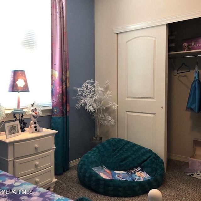 carpeted bedroom with baseboards and a closet