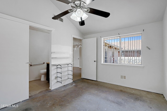 unfurnished bedroom featuring ceiling fan, lofted ceiling, ensuite bathroom, and concrete floors