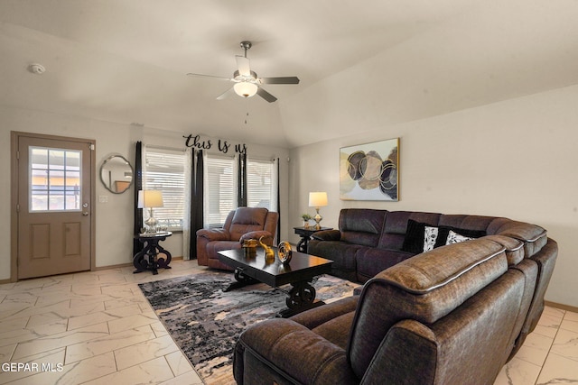 living room featuring lofted ceiling and ceiling fan