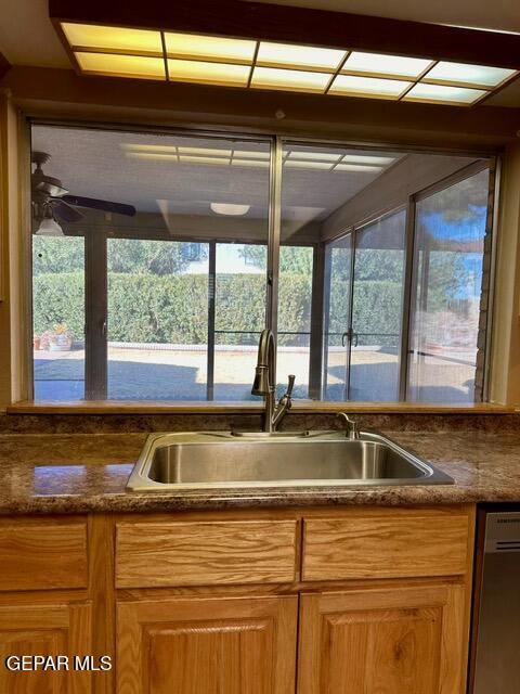 kitchen with sink, a wealth of natural light, stainless steel dishwasher, and ceiling fan