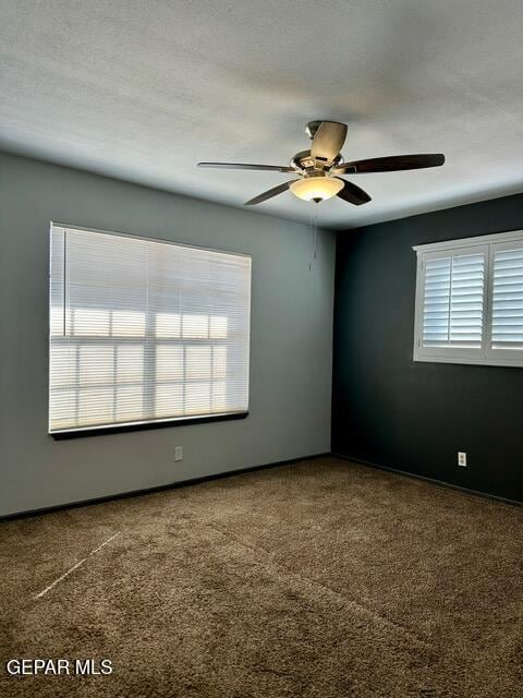 unfurnished room featuring ceiling fan, carpet flooring, a textured ceiling, and a wealth of natural light