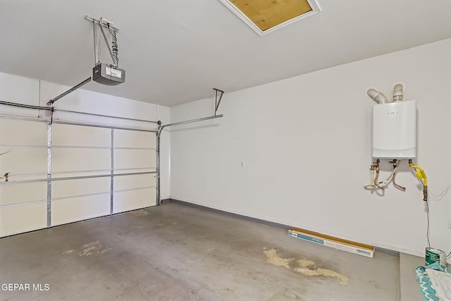 garage with water heater and a garage door opener