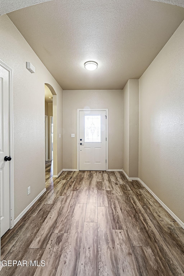 entryway featuring wood-type flooring and a textured ceiling