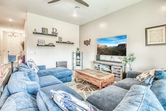 living room featuring ceiling fan