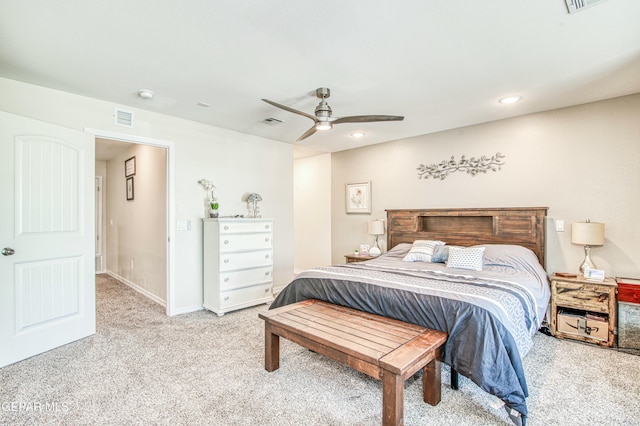 carpeted bedroom featuring ceiling fan