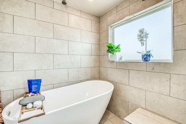 bathroom featuring a bathing tub and tile walls