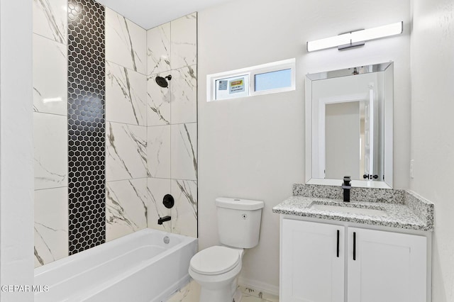 full bath with shower / bath combination, baseboards, toilet, marble finish floor, and vanity