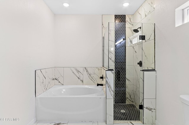 bathroom with marble finish floor, a garden tub, recessed lighting, toilet, and a shower stall