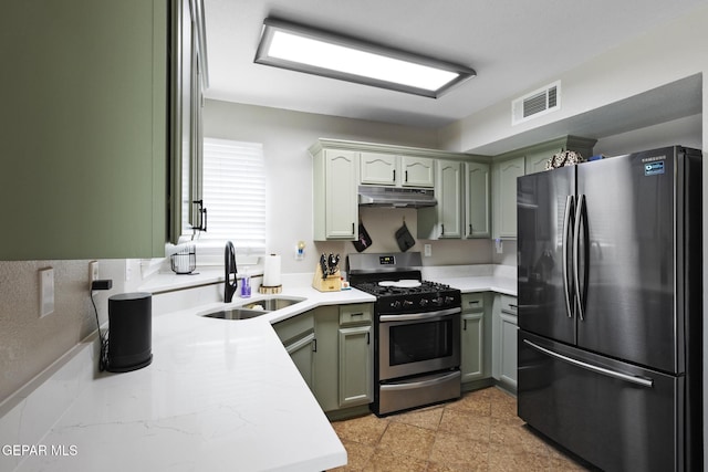 kitchen with stainless steel appliances, sink, and green cabinets