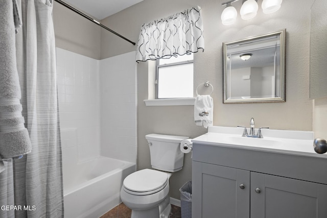 full bathroom with shower / bathtub combination with curtain, vanity, and toilet