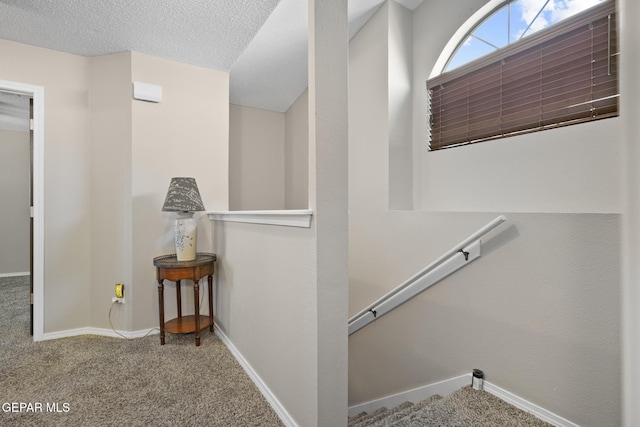 stairs with a textured ceiling and carpet flooring