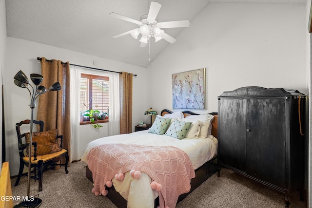 bedroom featuring vaulted ceiling, ceiling fan, and carpet flooring