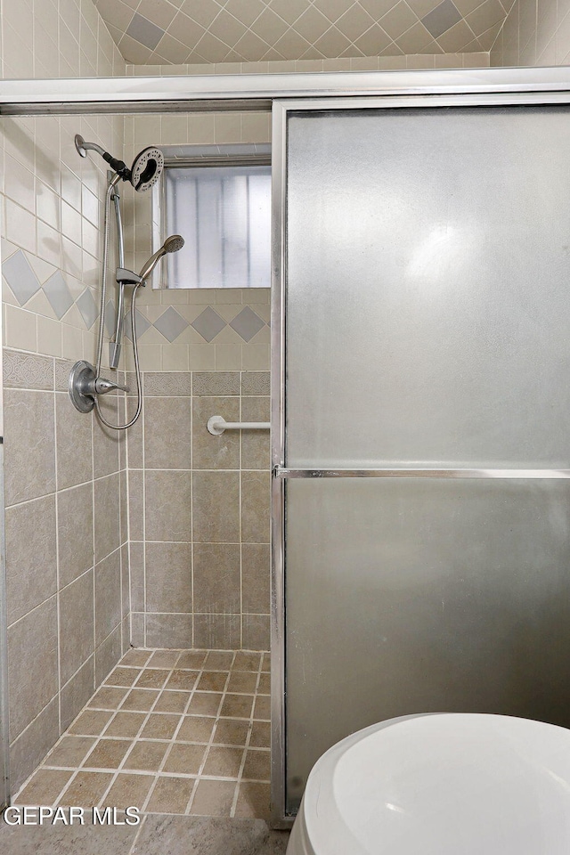 bathroom featuring a stall shower and toilet