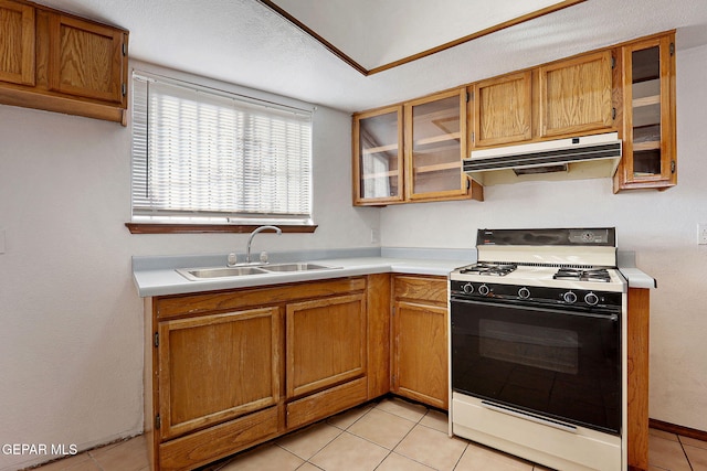 kitchen featuring under cabinet range hood, a sink, range with gas stovetop, light countertops, and glass insert cabinets