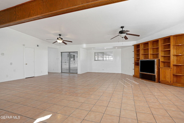 unfurnished living room featuring a ceiling fan, built in features, and light tile patterned floors