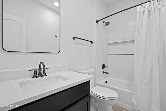 bathroom with toilet, shower / bath combination with curtain, and vanity