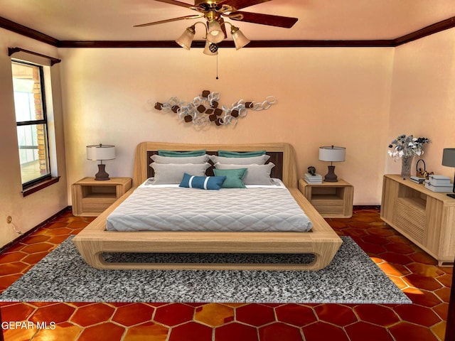 tiled bedroom featuring ornamental molding and ceiling fan