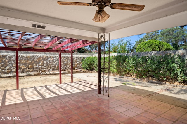 11204 Bob Mitchell Dr, El Paso, TX 79936 - view of patio / terrace with a pergola, a fenced backyard, a ceiling fan, and visible vents