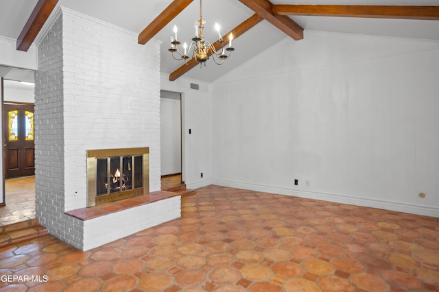 11204 Bob Mitchell Dr, El Paso, TX 79936 - unfurnished living room with an inviting chandelier, visible vents, lofted ceiling with beams, and a brick fireplace