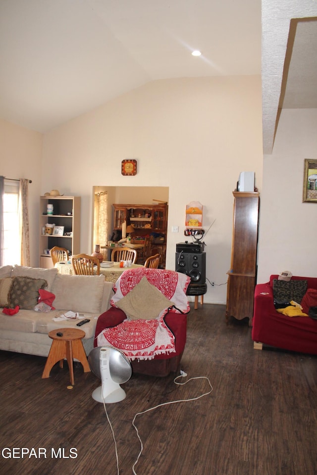 living room with lofted ceiling and dark wood-type flooring