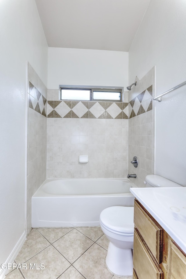 full bath featuring toilet, vanity, shower / tub combination, and tile patterned floors