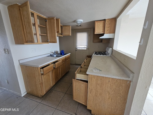 kitchen with sink, gas range gas stove, a textured ceiling, and light tile patterned flooring