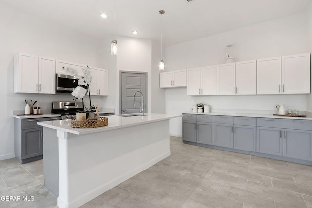 kitchen with gray cabinets, stainless steel appliances, a sink, and light countertops