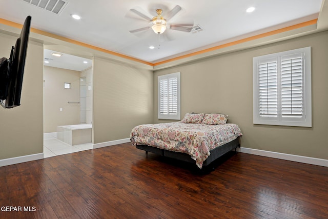 bedroom with ceiling fan and hardwood / wood-style floors