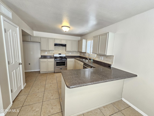 kitchen with sink, gray cabinetry, backsplash, kitchen peninsula, and stainless steel appliances