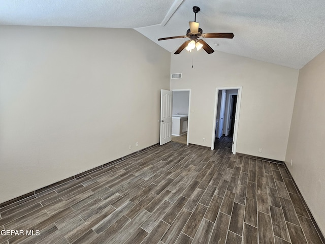 unfurnished bedroom featuring ceiling fan, lofted ceiling, and a textured ceiling