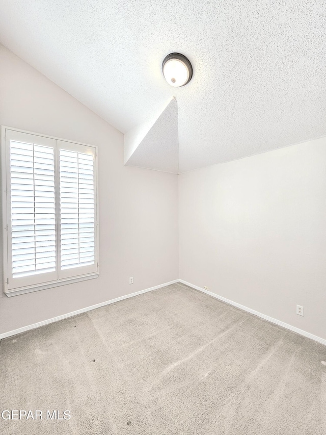 additional living space featuring lofted ceiling, carpet flooring, and a textured ceiling