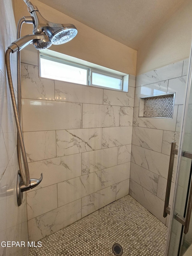 bathroom featuring a shower with door