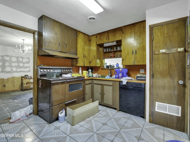 kitchen with sink, dishwasher, stove, a textured ceiling, and a chandelier