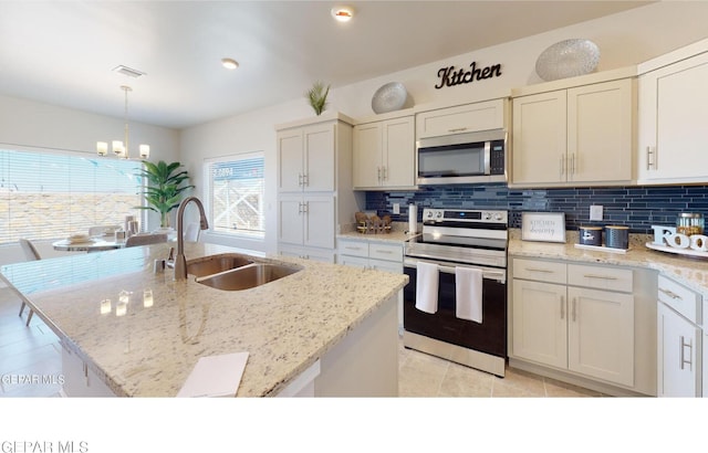 kitchen featuring sink, stainless steel appliances, an island with sink, decorative backsplash, and decorative light fixtures