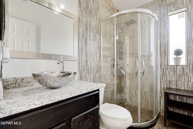 bathroom with vanity, a shower with shower door, and toilet