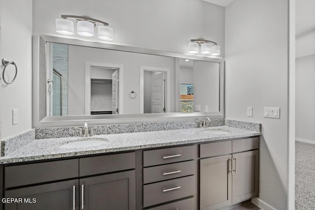 bathroom featuring vanity and a shower with shower door