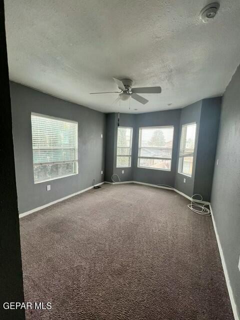 unfurnished room featuring ceiling fan, a textured ceiling, and carpet