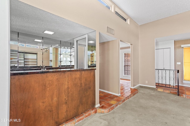 interior space with carpet flooring and a textured ceiling