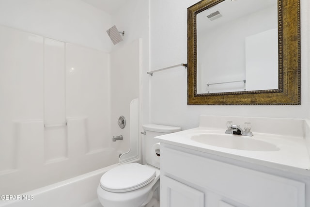 full bathroom with toilet, vanity, visible vents, and shower / bathing tub combination