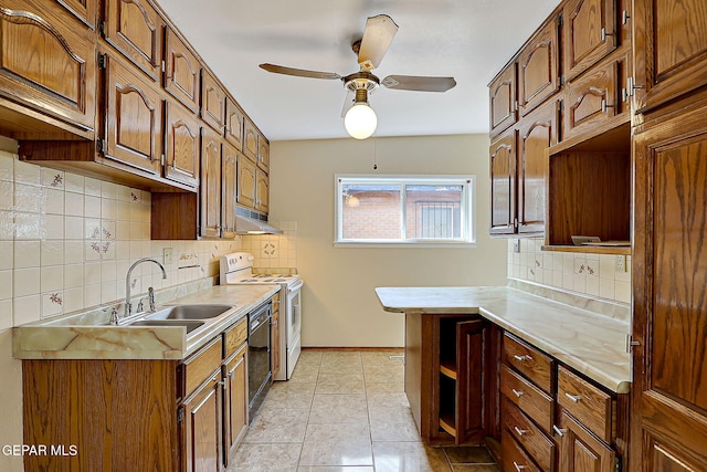 kitchen with light tile patterned flooring, sink, dishwasher, white range with electric cooktop, and decorative backsplash