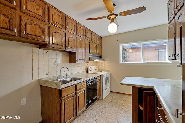 kitchen with black dishwasher, sink, decorative backsplash, light tile patterned floors, and white range with electric cooktop